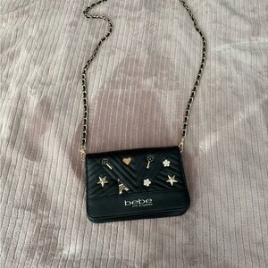 Bebe Quilted Black Crossbody Bag with Gold Accents